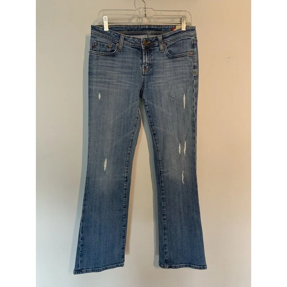 Seven7 Jeans 30 X 31 Women's Flare Med Wash Whiskering Blue Denim Distressed